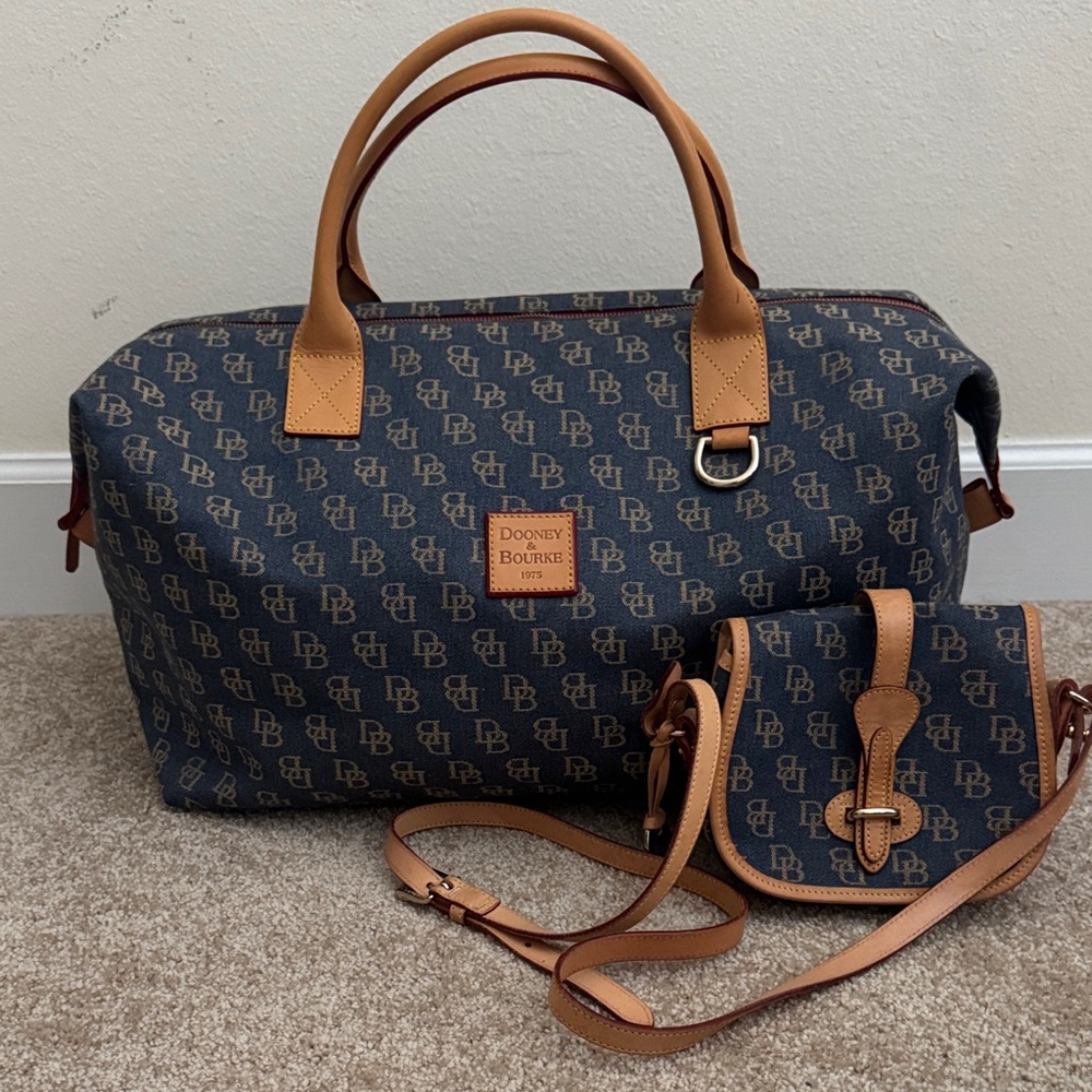 Dooney & Bourke Navy and Tan Logo Duffel with Crossbody
